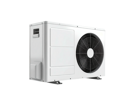 White rectangular HVAC unit with fan, vents, and side panel