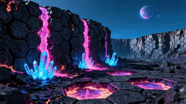 Neon - Lit Alien Landscape with Crystals and Lava