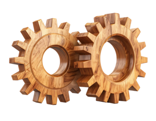 Two interlocked wooden gears, rendered against a dark background