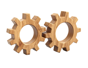 Two interlocked wooden gears on a black background, showing grain detail