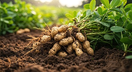 Freshly harvested peanuts with greenery on earthy background close up