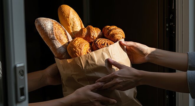 Freshly baked bread bag being received close up delivery concept - Powered by Adobe