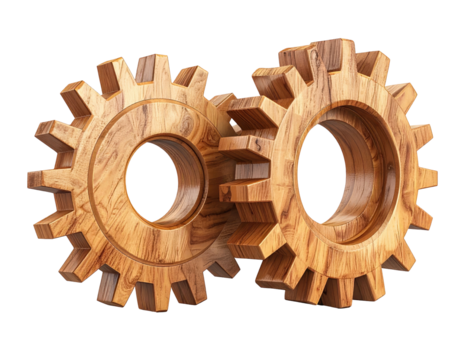 Two interlocked wooden gears, rendered against a dark background