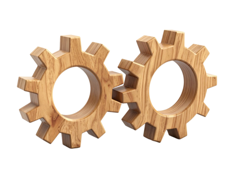 Two interlocked wooden gears on a black background, showing grain detail
