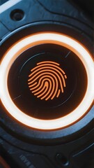 Close-up of a glowing fingerprint scanner with illuminated orange ring and digital fingerprint pattern