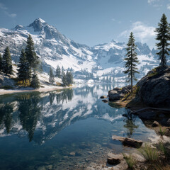 Snowy alpine peaks mirrored in clear mountain lake with pines along rocky shoreline