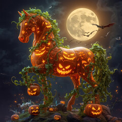 Fototapeta premium halloween night scene pumpkin horse generated Ai 