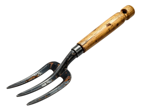 Hand fork with wooden handle, showing signs of use and some rust on tines