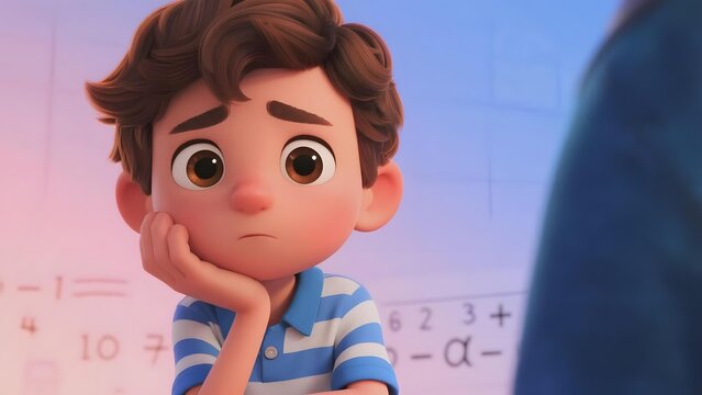A young animated boy with a thoughtful expression sits in a classroom, resting his chin on his hand while looking at a math problem on the board.