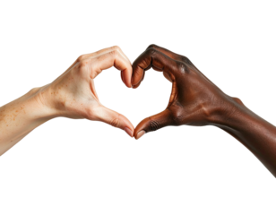 Two hands, light and dark skin, form a heart shape against a black background