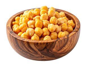 Wooden bowl overflowing with golden-yellow cooked chickpeas against a stark black background