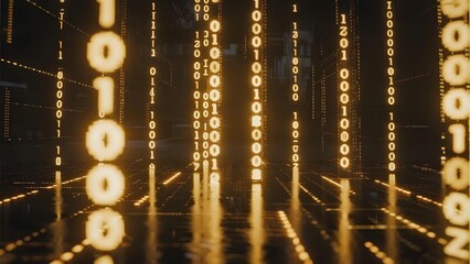 Digital binary code streaming vertically in a glowing, futuristic tunnel with reflective surface