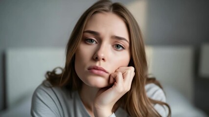 young woman with long brown hair and green eyes wearing grey top rests her hand on her chin looking at the camera with somber pensive and slightly bored expression in soft blurry indoor setting