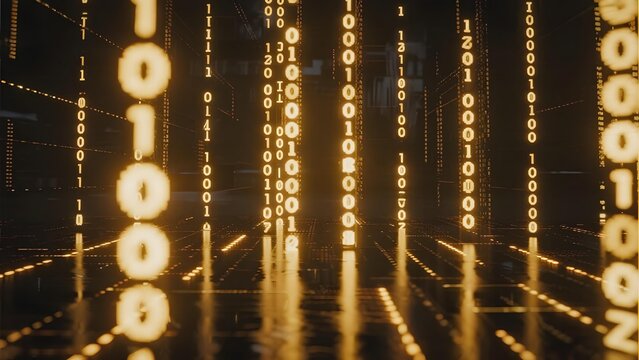 Digital binary code streaming vertically in a glowing, futuristic tunnel with reflective surface