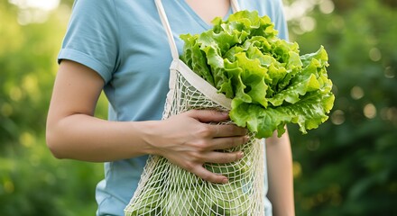Person holding fresh lettuce in a reusable shopping bag outdoors