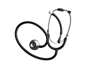 Shiny, black and silver medical stethoscope, isolated on a dark background