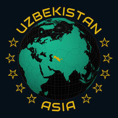 Uzbekistan on Globe. Round country and continent name text. Country view on world map in Black Emerald color palette. Uzbekistan shape on map. Elegant vector illustration.