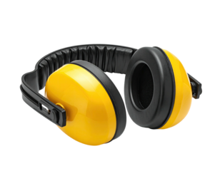 Bright yellow safety earmuffs, black headband, over a transparent background
