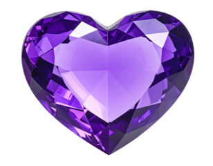 A faceted, heart-shaped gem in shades of purple, set against a stark black background