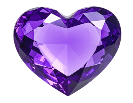 A faceted, heart-shaped gem in shades of purple, set against a stark black background