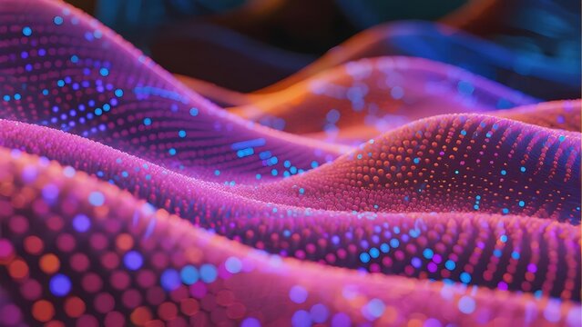 Abstract digital wave pattern with glowing dots in vibrant purple and blue hues