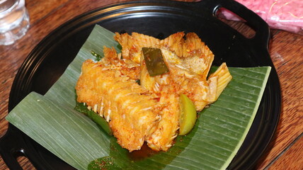 Stir-fried jambal fish bones, kedukang fish, or sagor catfish. A Sundanese specialty in Indonesia....