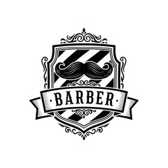 A black and white barber shop logo featuring a mustache and the word 