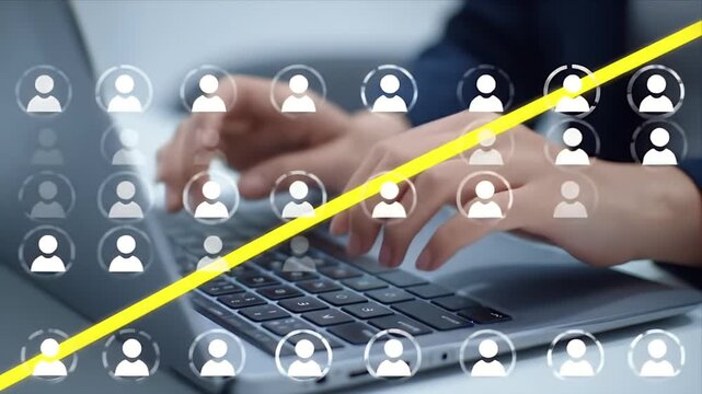 Digital Network Connection Hands Typing on Laptop with User Icons Representing Online Communication