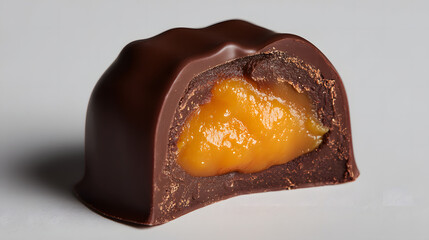 Artisan Chocolate Treat: A luscious cross-section of a gourmet chocolate confection, showcasing the rich dark chocolate shell and a vibrant, creamy filling that tantalizes the senses.