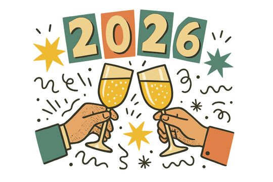 New Year 2026 retro greeting card. Hands clinking champagne glasses. Festive toast celebration concept. Halftone art collage. Cutout vintage doodle shapes vector design.