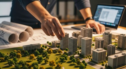 Architect or designer examining a detailed architectural model of a city with skyscrapers and greenery