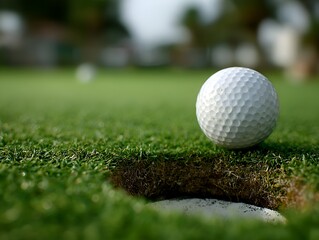Obraz premium A golf ball sits precariously close to the edge of the hole on a lush green golf course putting green.
