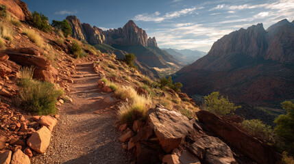 Rocky hiking path winding through dramatic red mountains in warm sunset light