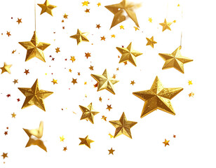 Golden stars, of various sizes, dangle against a black background