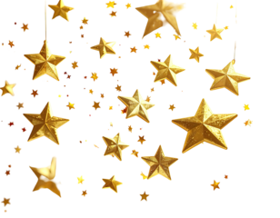 Golden stars, of various sizes, dangle against a black background