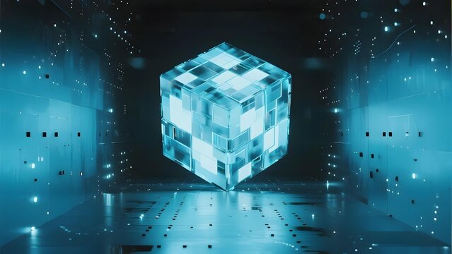 A glowing transparent cube with a grid pattern floats in a futuristic, illuminated corridor with reflective surfaces and digital elements.
