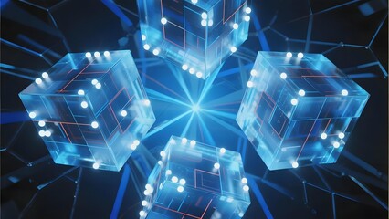 Transparent blue cubes with glowing nodes connected by lines in a futuristic network pattern