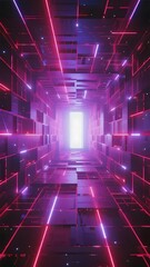 Futuristic neon-lit corridor with glowing red and purple lines leading to a bright exit