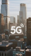 Futuristic cityscape with 5G connectivity symbol overlaying urban skyline