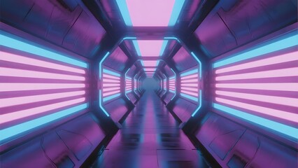 Futuristic neon-lit corridor with geometric design and glowing purple and blue lights