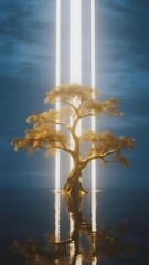 A solitary golden tree illuminated by vertical beams of light, reflected in calm water under a dark sky.