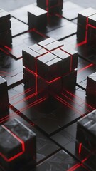 Abstract arrangement of black cubes with red glowing lines on a reflective surface