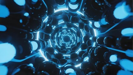 Abstract blue tunnel with glowing spheres and light patterns