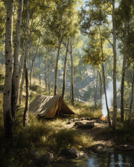 Canvas tent with glowing campfire in sunlit forest clearing surrounded by tall trees