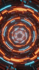 Futuristic circular tunnel with glowing orange and blue neon lights, creating a high-tech sci-fi corridor effect.