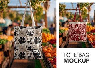Blank canvas tote bag mockup hanging at a rustic outdoor market stall with a blurred background