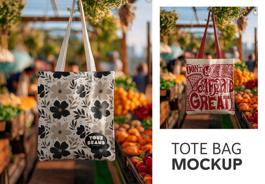 Blank canvas tote bag mockup hanging at a rustic outdoor market stall with a blurred background
