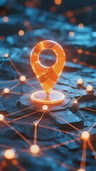 Glowing location pin on a networked digital map with illuminated connections