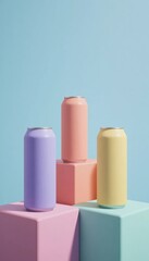 Trendy pastel drink cans on geometric blocks for a modern summer vibe, perfect for branding, advertising, or eye-catching social media posts