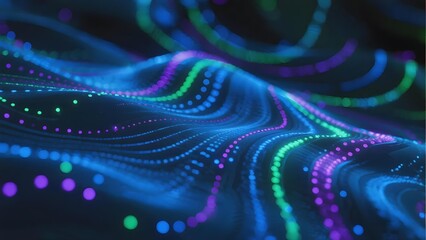 Abstract digital wave pattern with glowing colored dots and flowing lines on a dark background